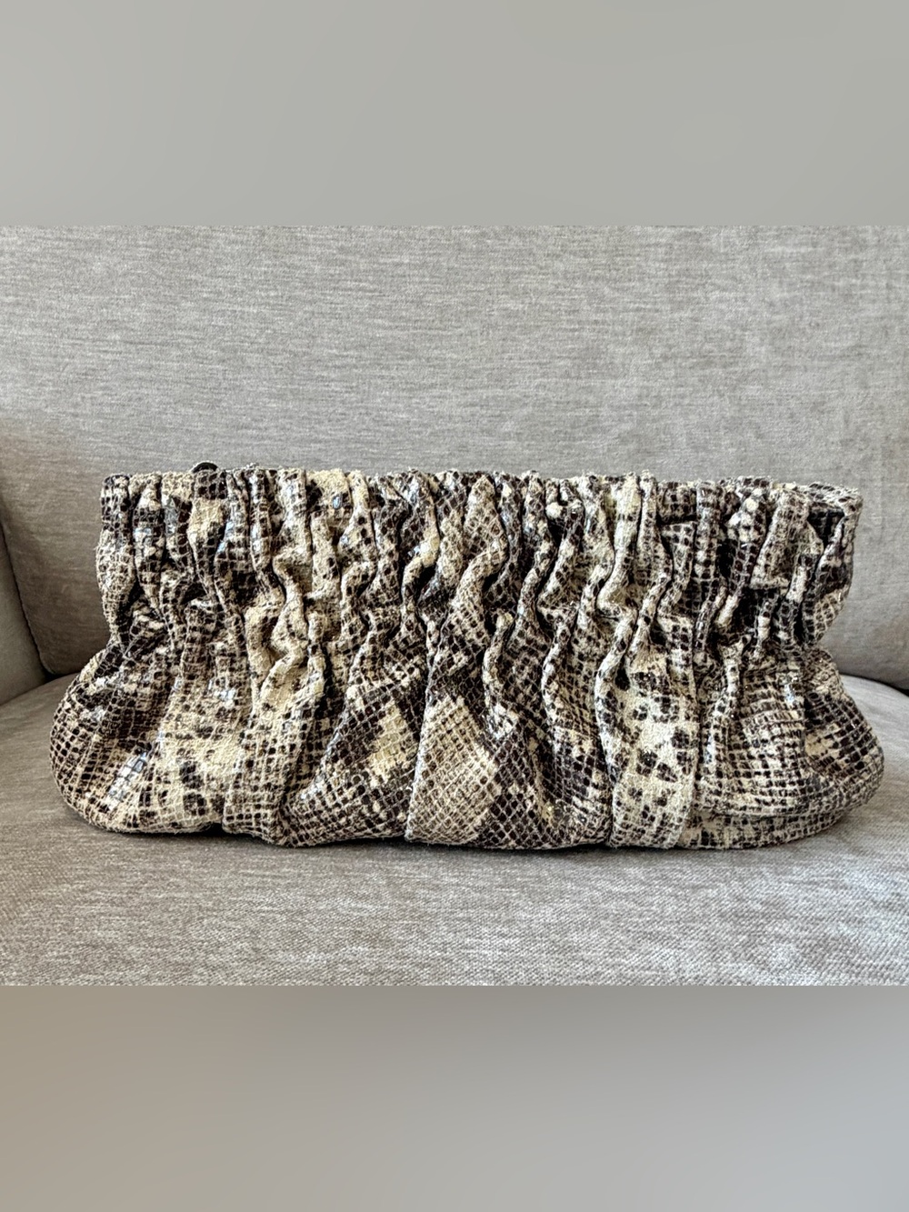 Michael Kors Ruched Snake-Print Clutch in Beige and Brown